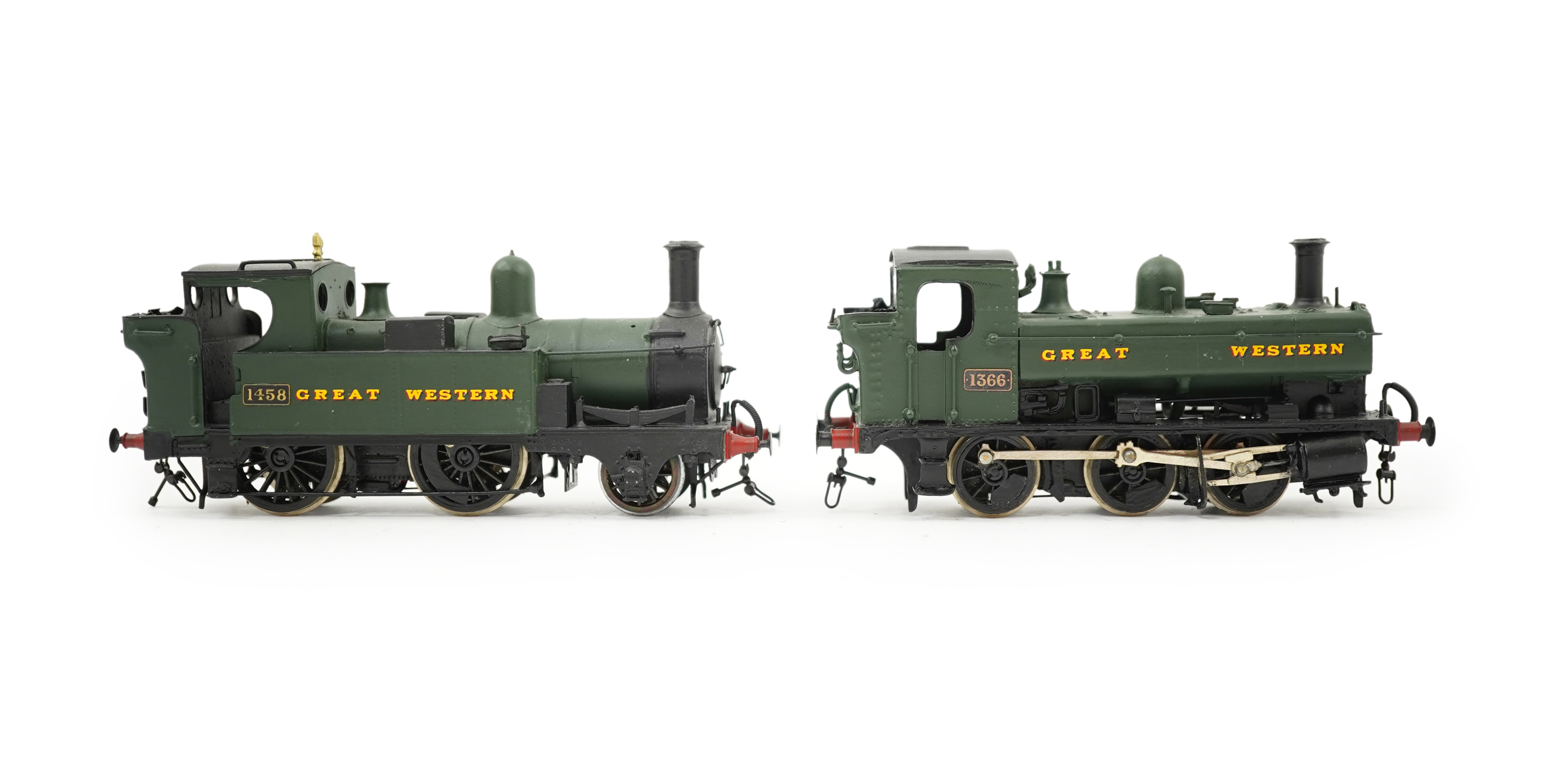 Two 00 gauge brass and white metal kit built GWR tank locomotives; a 1400 class 2-4-0T, 1458, together with an 1366 class 0-6-0PT, 1366, constructed, painted and lined to a high standard, both motored for two rail operat